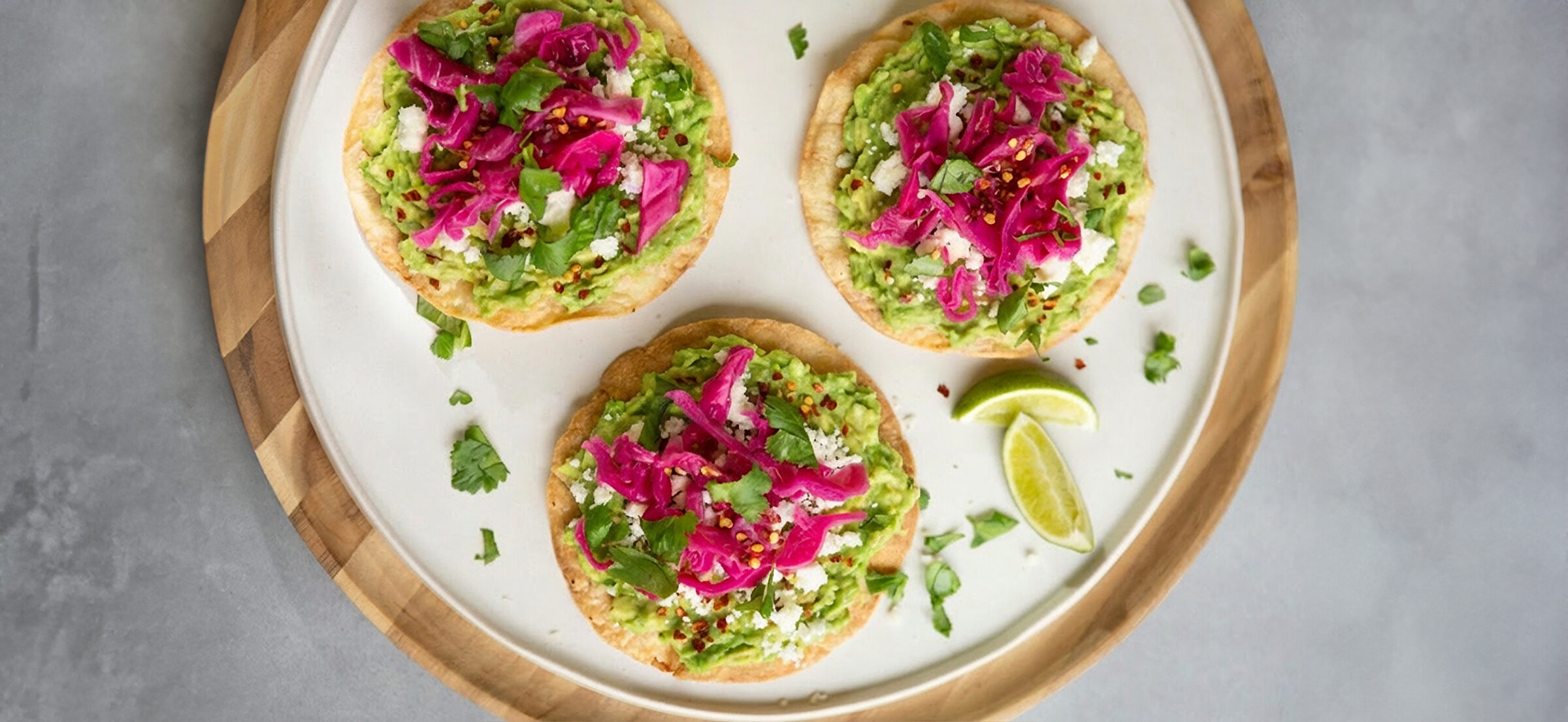 Refried Bean And Pickled Red Cabbage Tostadas With Fresh Cilantro, Avocado And Lime Juice